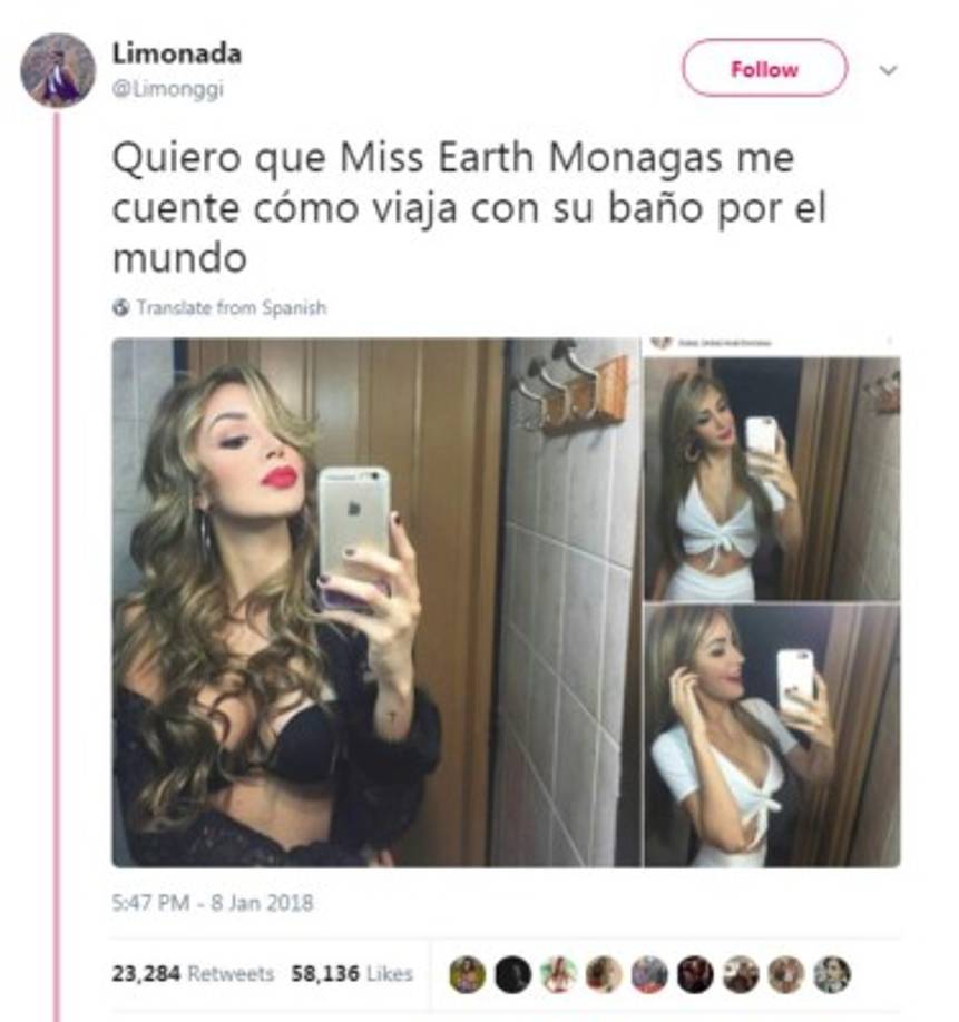 'Quiero que Miss Earth Monagas me cuente cómo viaja con su baño por el mundo', escribió uno de los seguidores de la modelo en un tuit que se ha viralizado.<br/><br/>