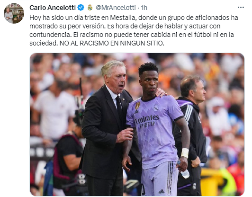 Ancelotti: “Hoy ha sido un día triste en Mestalla, donde un grupo de aficionados ha mostrado su peor versión. Es hora de dejar de hablar y actuar con contundencia. El racismo no puede tener cabida ni en el fútbol ni en la sociedad. NO AL RACISMO EN NINGÚN SITIO”.