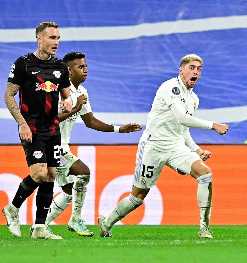 La euforia de Fede Valverde celebrando su gol que adelantó al Real Madrid, 1-0 contra el RB Leipzig.