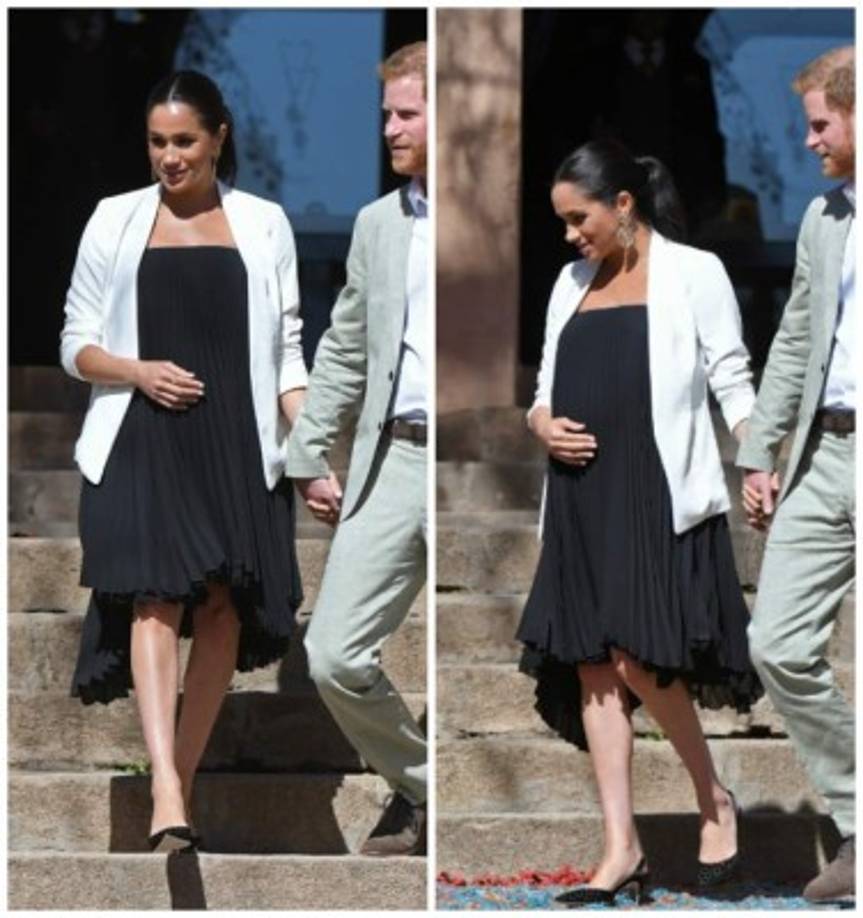 La duquesa de Sussex cambió su combinación de jeans y camiseta por un elegante vestido negro plisado y una chaqueta color crema de Babaton, que había usado previamente para ver a Harry en el polo el año pasado.<br/><br/>Meghan completó el look con unos zapatos de tacón de Manolo Blahnik.
