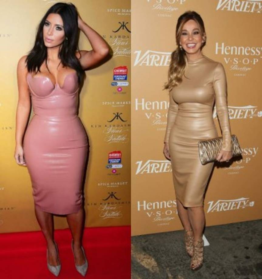Aunque no lo crean. Kim Kardashian ya había lucido un traje de látex pegado al cuerpo, pero en color rosado. La diferencia entre el vestido de Mryka y Kim es que es de cuello alto, manga larga y el color es caramelo.
