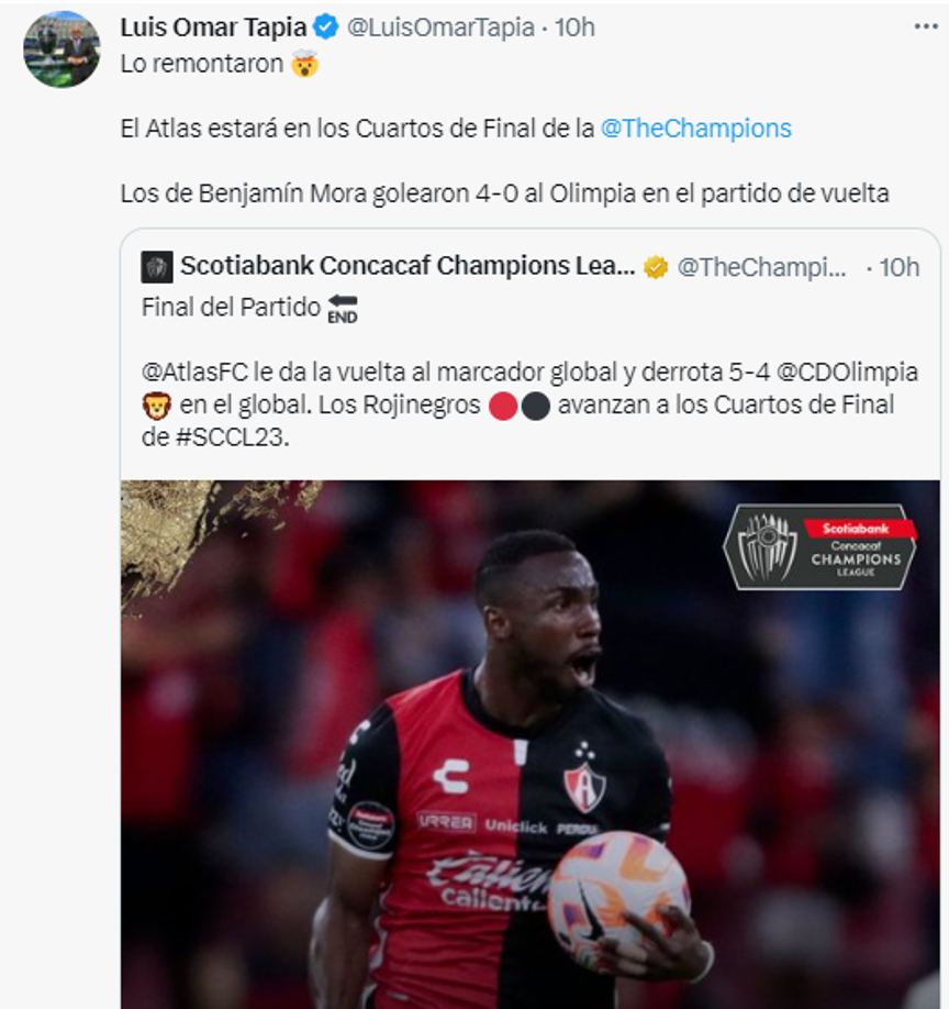 Luis Omar Tapia: Lo remontaron El Atlas estará en los Cuartos de Final de la Liga de Campeones de Concacaf. Los de Benjamín Mora golearon 4-0 al Olimpia en el partido de vuelta”.