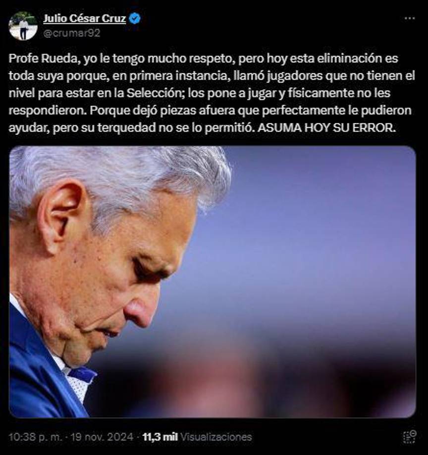 Y agregaba: “Esta eliminación es toda suya porque, en primera instancia, llamó jugadores que no tienen el nivel para estar en la Selección; los pone a jugar y físicamente no les respondieron”.