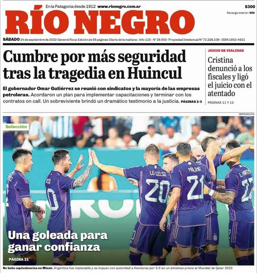 Portada del diario Río Negro - “Una goleada para ganar confianza”. “No hubo equivalencias en Miami. Argentina fue implacable y se impuso con autoridad a Honduras por 3-0 en un amistoso previo al Mundial de Qatar 2022”.