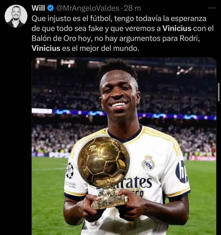 “Que injusto es el fútbol; no hay argumentos para Rodri, Vinicius es el mejor jugador del mundo”.