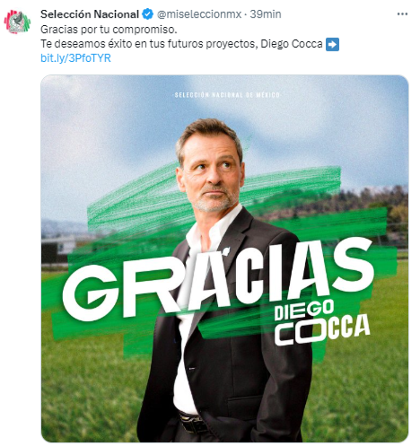 La Selección de México publicó el siguiente mensaje: “Gracias por tu compromiso.Te deseamos éxito en tus futuros proyectos, Diego Cocca”.