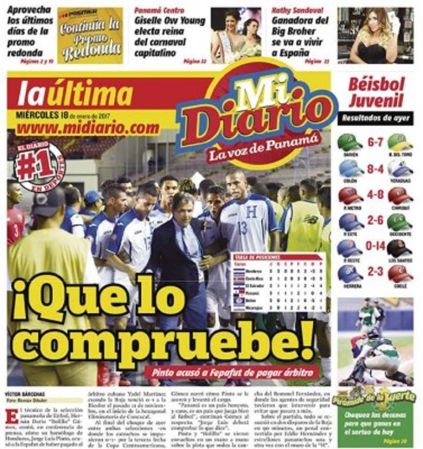 '¡Que lo compruebe!', titular Mi Diario sobre las supuestas palabras que le dijo Jorge Luis Pinto al 'Bolillo' Gómez, de que la selección canalera habría pagado al árbitro en el encuentro de la eliminatoria del año pasado.