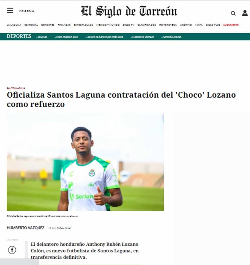 El Siglo de Torreón - “Oficializa Santos Laguna contratación del ‘Choco’ Lozano como refuerzo”.