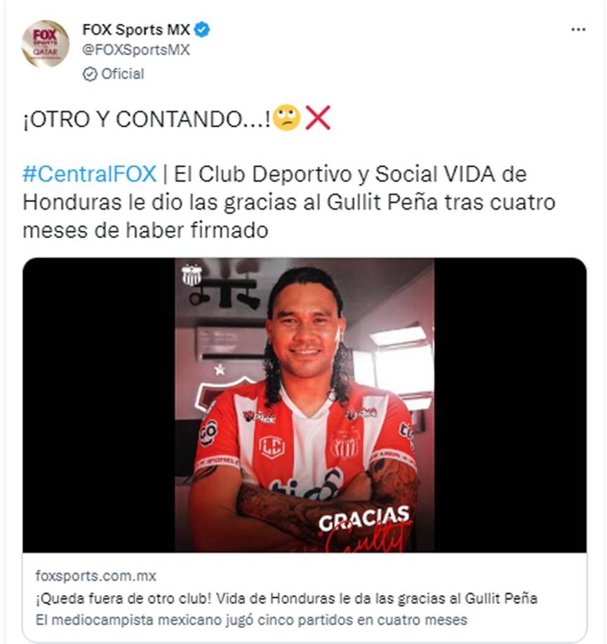 Fox Sports - “¡Otro y contando!”. “¡Queda fuera de otro club! Vida de Honduras le da las gracias al Gullit Peña”.