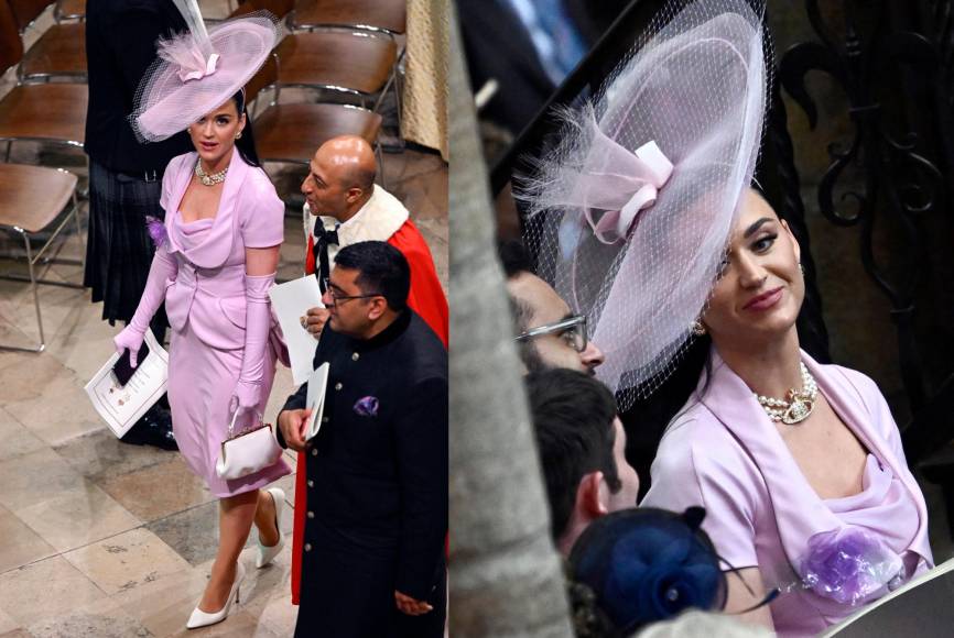 Katy Perry llegó a la ceremonia atraviada con un traje de falda lila hecho a medida por Vivienne Westwood.