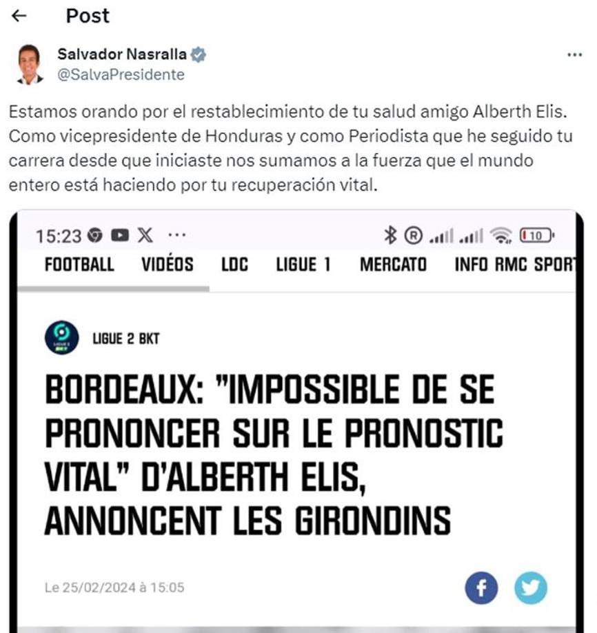 Salvador Nasralla expresó que está orando para que el delantero hondureño se pueda recuperar lo más pronto posible.