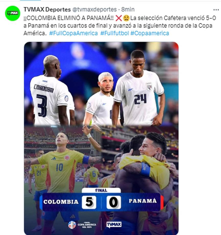 TVMAX Deportes de Panamá - “¡Colombia eliminó a Panamá! La selección Cafetera venció 5-0 a Panamá en los cuartos de final y avanzó a la siguiente ronda de la Copa América”.