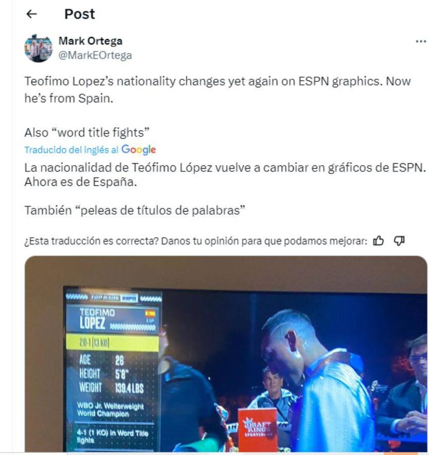 En las redes sociales no pasó desapercibido que Teófimo peleó como representante de España.