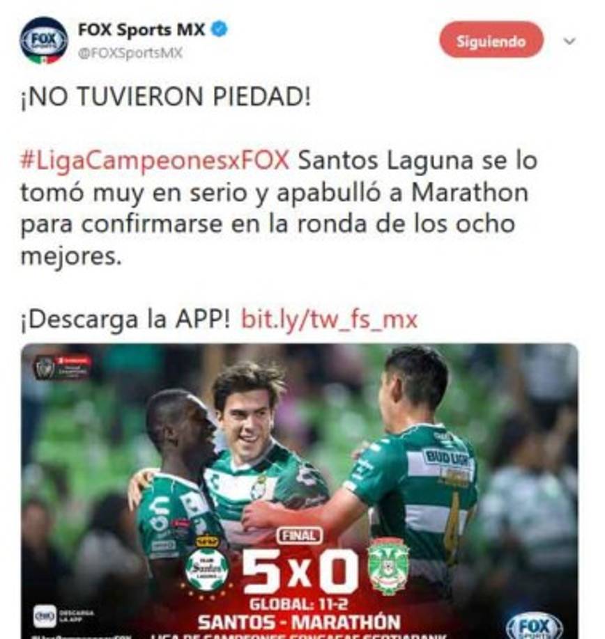 Fox Sports de México señala que Santos Laguna no tuvo piedad del Marathón