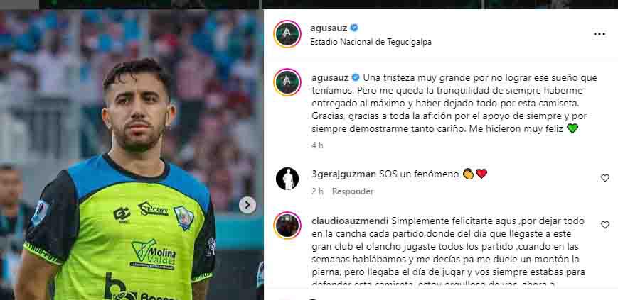 Las palabras de despedida de Auzmendi en su cuenta oficial de Instagram.