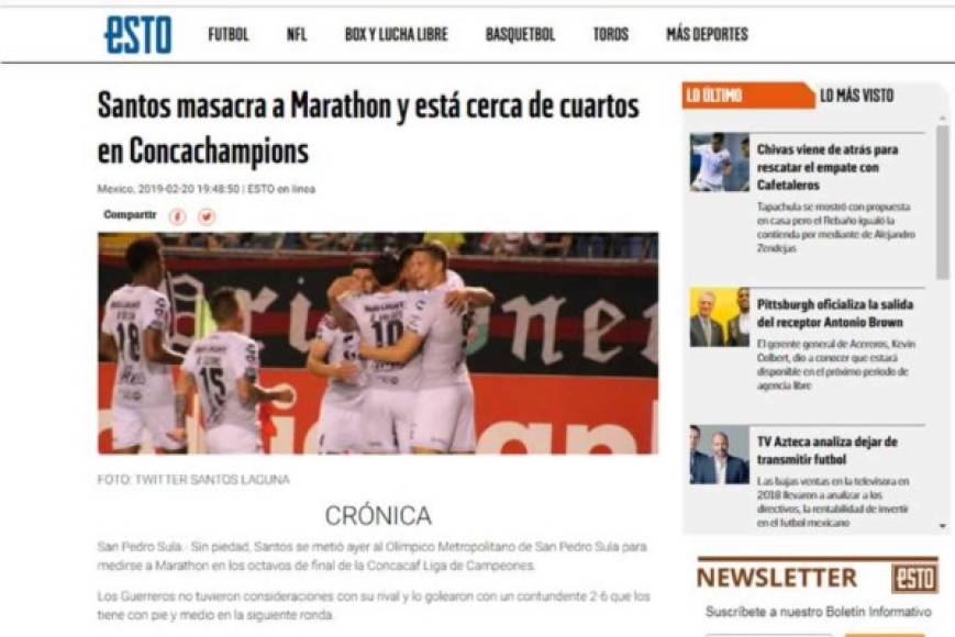 Diario ESTO - 'Santos masacra a Marathon y está cerca de cuartos en Concachampions'. 'Sin piedad, Santos se metió ayer al Olímpico Metropolitano de San Pedro Sula para medirse a Marathon en los octavos de final de la Concacaf Liga de Campeones'.