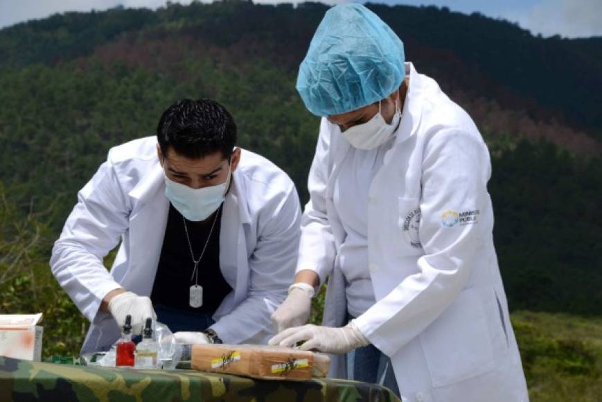 Fiscales del Ministerio Público hacen pruebas de campo antes de la incineración de más de 200 kilos de cocaína incautada en el sur de Honduras, cerca de la frontera con El Salvador. AFP