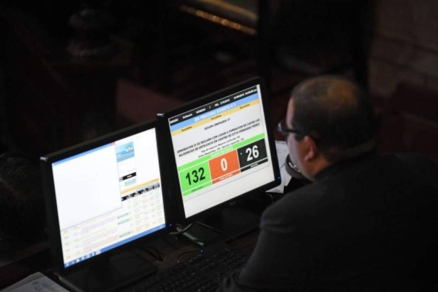 Las pantallas del Congreso reflejaron el fallo unánime, por 132 votos, dado por los diputados a la inmunidad del presidente Otto Pérez Molina.