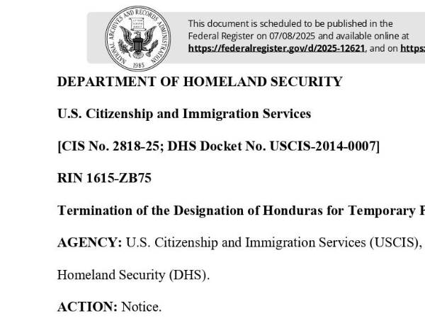 ¿Qué dice el documento en el que se cancela el TPS para los hondureños?