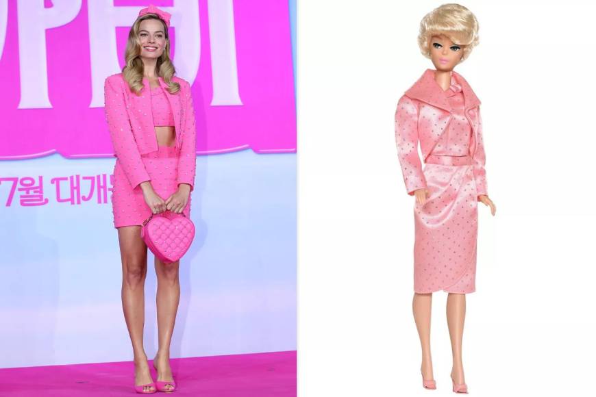 Mientras aún estaba en Corea del Sur, Margot Robbie regresó a la década de 1960 y personificó a la “Sparkling Pink Barbie”. Se vistió con un look retro de Moschino que recordaba a la Barbie de 1964, aunque el look de Robbie era definitivamente más brillante y sexy. Completó su look con un bolso en forma de corazón y un tocado en el cabello.