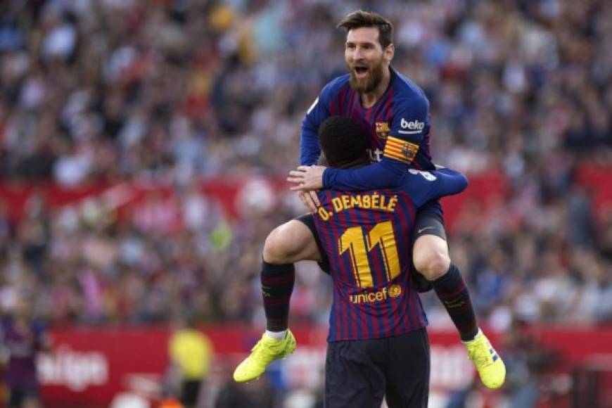 Messi fue a festejar su segundo gol con el francés Dembéle. El argentino se desahogó.