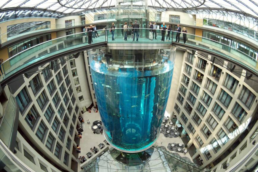 El AquaDom, una estructura de unos catorce metros de altura, se presenta en su página web como “el acuario cilíndrico más grande del mundo”.