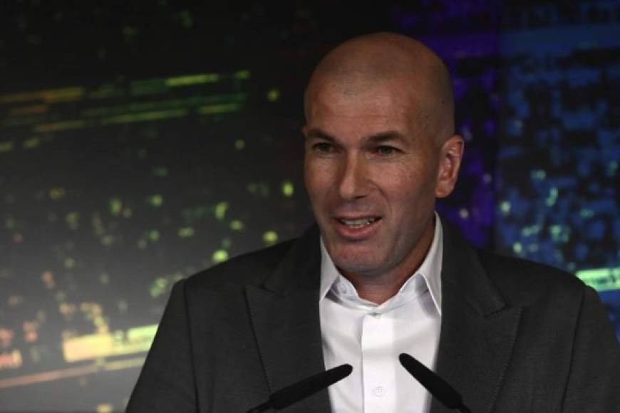Real Madrid´s newly appointed French coach Zinedine Zidane gives a press conference on March 11, 2019 in Madrid. - Zinedine Zidane has made a sensational return as coach of Real Madrid after Santiago Solari's sacking was finally confirmed. Zidane has been given a contract until June 2022, just nine months after he resigned at the end of last season, having led Madrid to an historic third consecutive Champions League triumph. (Photo by PIERRE-PHILIPPE MARCOU / AFP)