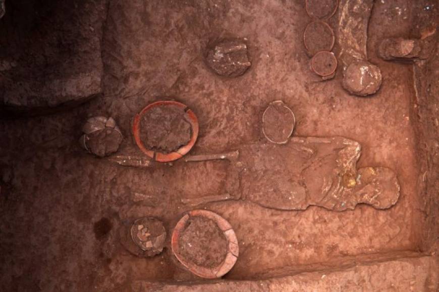 Uno de los seis esqueletos humanos encontrados por científicos japoneses en el Parque Arqueológico de Copán. AFP
