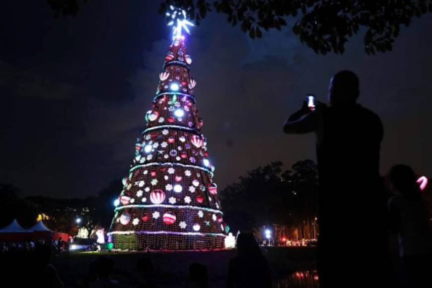 Decenas de personas disfrutan de un espectáculo de luces que ilumina el parque Ibirapuera, considerado como el pulmón verde de Sao Paulo en Brasil.