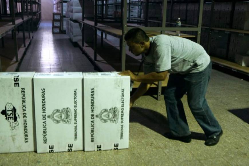 A worker prepares election material for its distribution throughout the country, for the upcoming general election, on November 20, 1017 in Tegucigalpa. <br/>Honduras will hold elections next November 26 to choose president, three vicepresidents, 128 deputies for the local congress an 20 for the Central American (Parlacen) and 128 mayoralties. / AFP PHOTO / ORLANDO SIERRA