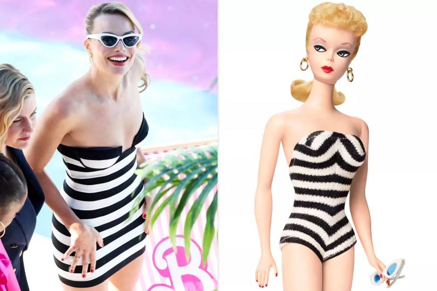 Margot Robbie no podía pasar por esta gira de prensa sin vestirse como la Barbie original, de 1959. Y así lo hizo en Sydney, Australia. Para imitar el traje de baño con rayas blancas y negras de Barbie, Robbie usó un vestido de vendaje Herve Leger con rayas blancas y negras y unas gafas de sol blancas.