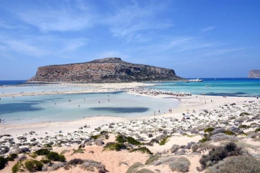 the beautiful beach of Balos, opposite the island of Gramvousa, on the island of Crete. Crete is the largest and most populous of the Greek islands