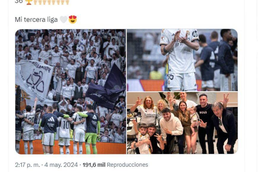 “Mi tercera Liga”, escribió el uruguayo Fede Valverde tras la consagración de los blancos. 