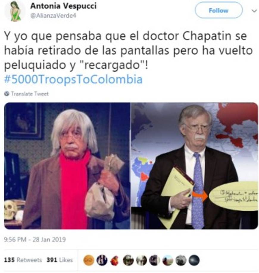 Los memes hacen alusión a los 5,000 soldados que EEUU supuestamente planea enviar a Colombia, tras viralizarse una anotación del asesor presidencial de Donald Trump, John Bolton.