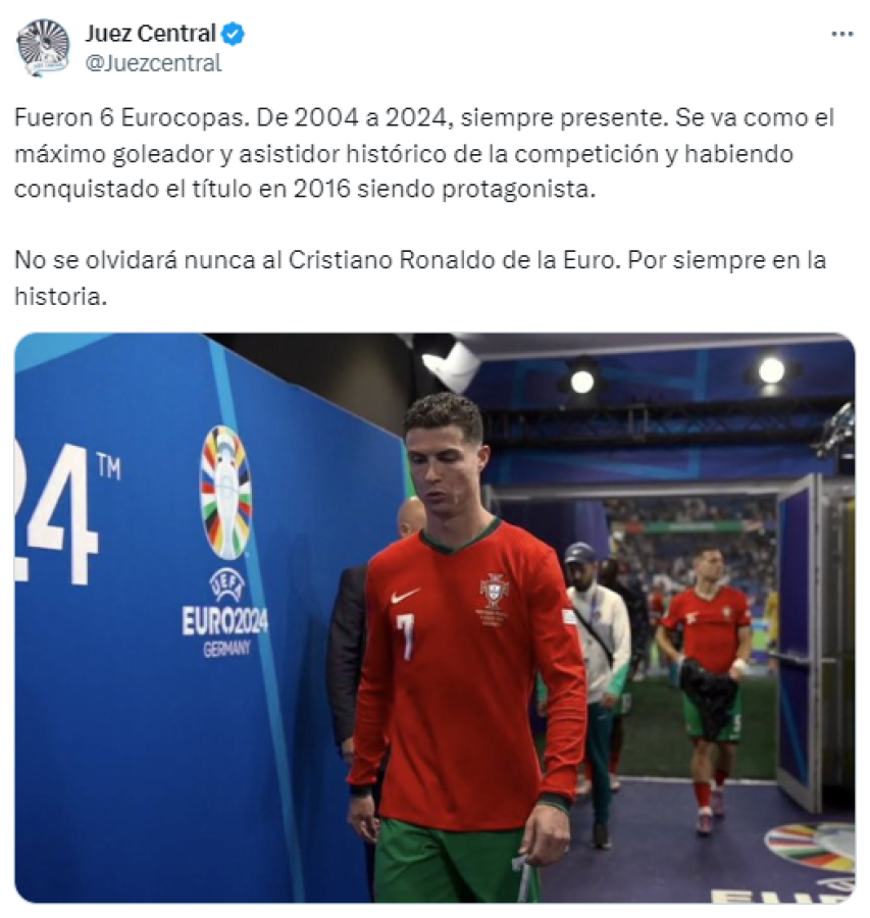 Desde la cuenta oficial de Juez Central destacan las seis Eurocopas que disputó Cristiano Ronaldo, quien se marcha como el máximo goleador y asistidor histórico del certamen.