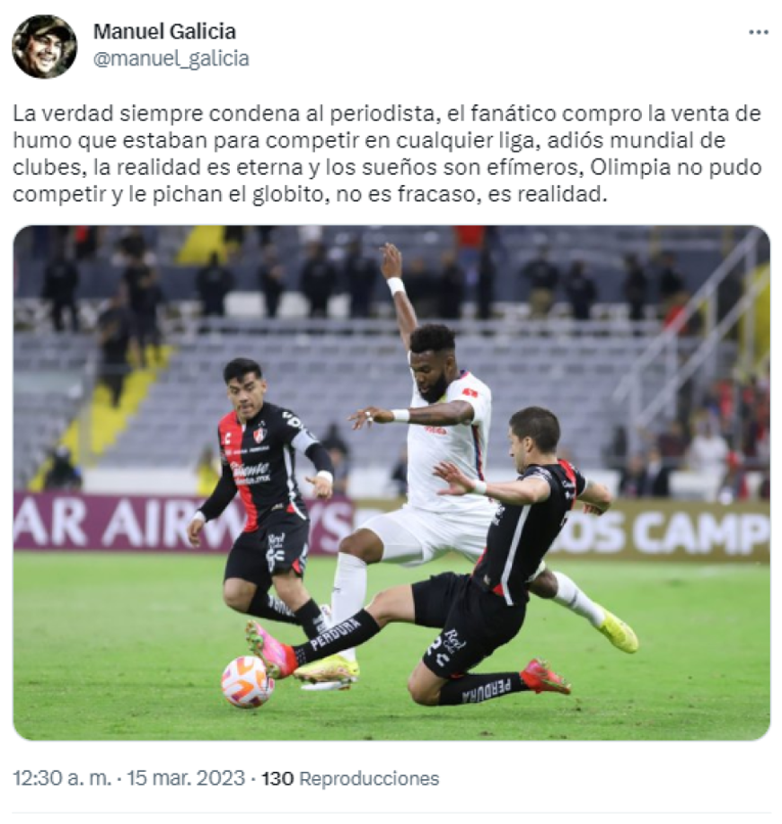 Manuel Galicia de Radio América: “Adiós mundial de clubes, la realidad es eterna y los sueños son efímeros, Olimpia no pudo competir y le pichan el globito, no es fracaso, es realidad”.