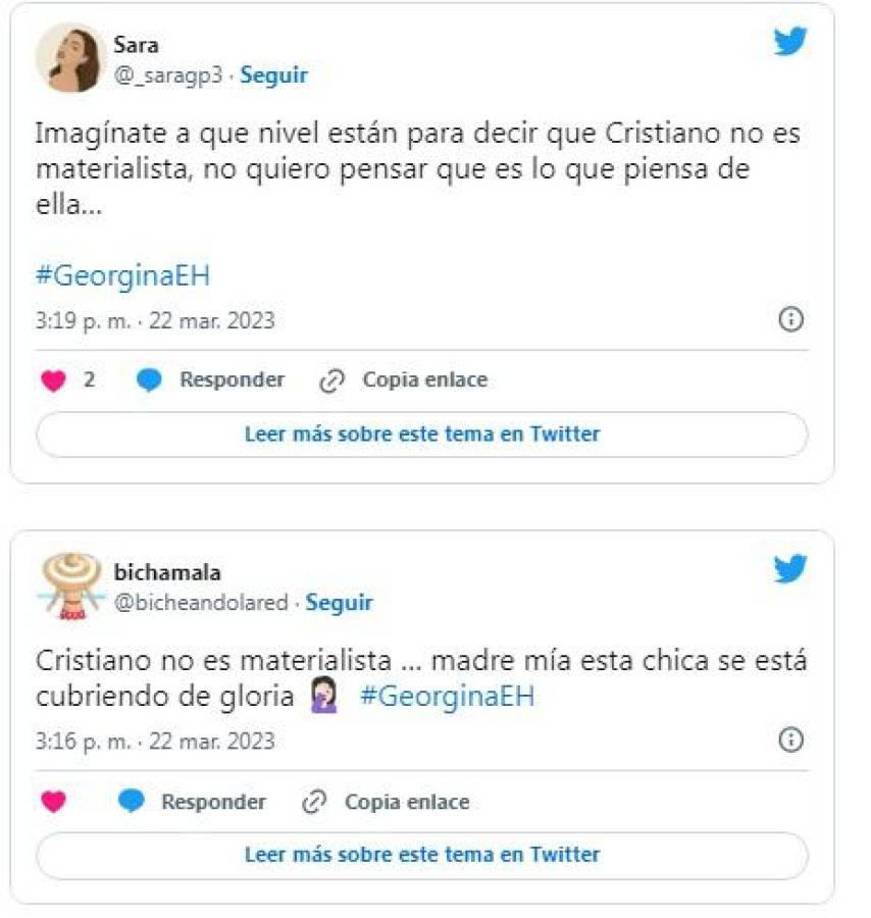 “Cristiano no es materialista, madre mía esta chica se está cubriendo de gloria”, expresaron.