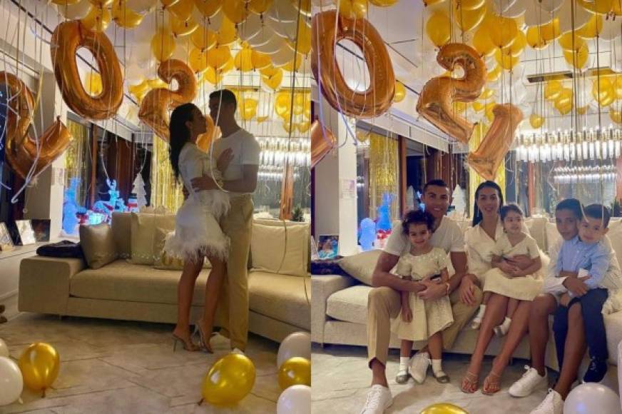 El futbolista Cristiano Ronaldo recibió el 2021 muy bien acompañado de su pareja, la modelo Georgina Rodríguez, y sus cuatro hijos.