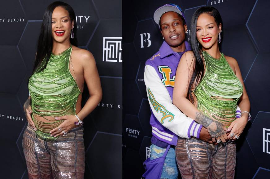 La cantante Rihanna asistió anoche al evento de su marca de cosméticos, Fenty Beauty. La estrella nacida en Barbados desfiló por la alfombra roja acompañada de su pareja, el rapero A$AP Rocky. Rihanna lució un hermoso conjunto de lentejuelas en tonalidad verde y purpura que dejaba ver su pancita.