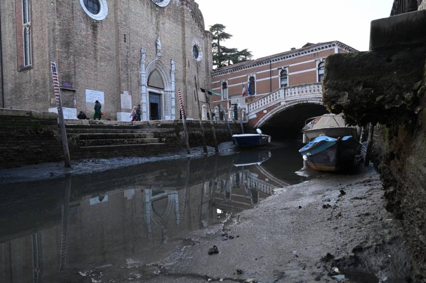 Las bajas mareas de los últimos días secaron algunos canales de <b>Venecia</b>, ofreciendo a los turistas el espectáculo insólito de góndolas atrancadas en bancos de lodo.