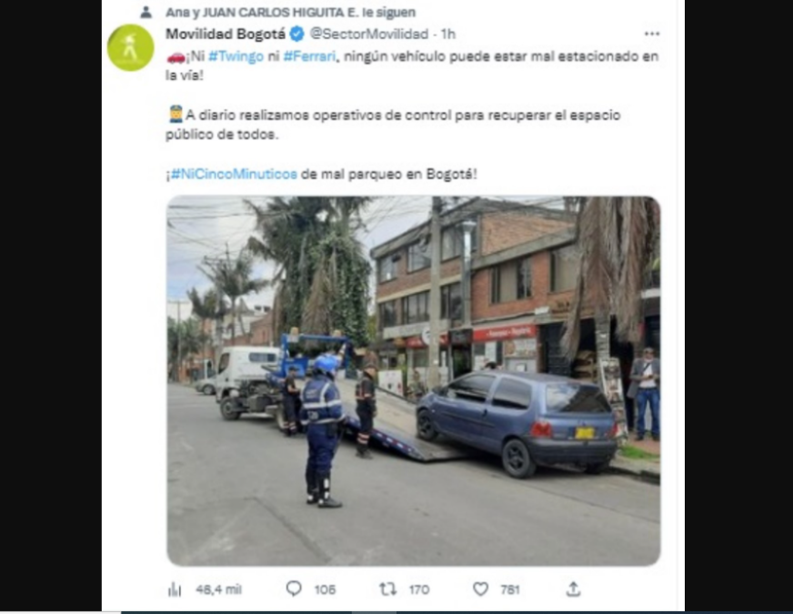 Estos mismos versos fueron utilizados por la Secretaría de Movilidad de Bogotá en sus redes sociales: “¡Ni Twingo ni Ferrari, ningún vehículo puede estar mal estacionado en la vía!”, mensaje que acompañaron con una imagen de un Renault que estaba siendo inmovilizado.