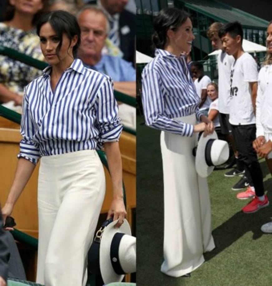 Mientras tanto Meghan optó por una llamativa camisa a rayas azules de Ralph Lauren y un pantalón blanco de pierna ancha y un sombrero fedora.