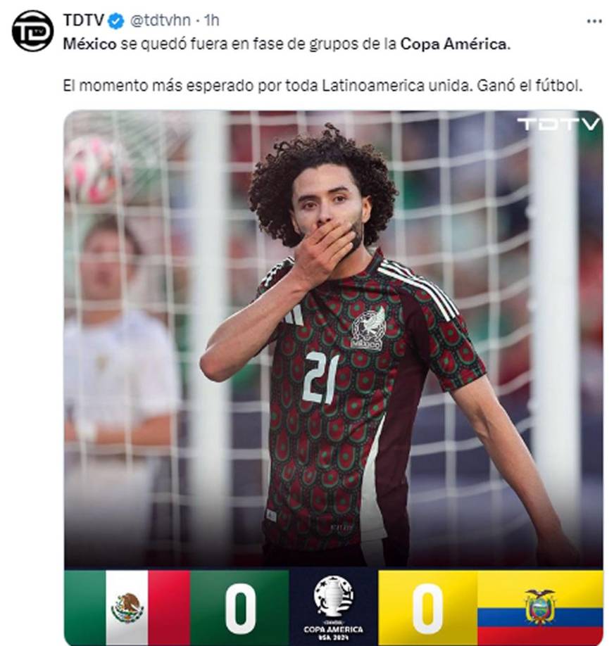 Todo Deportes TV de Honduras - “México se quedó fuera en fase de grupos de la Copa América. El momento más esperado por toda Latinoamerica unida. Ganó el fútbol”.