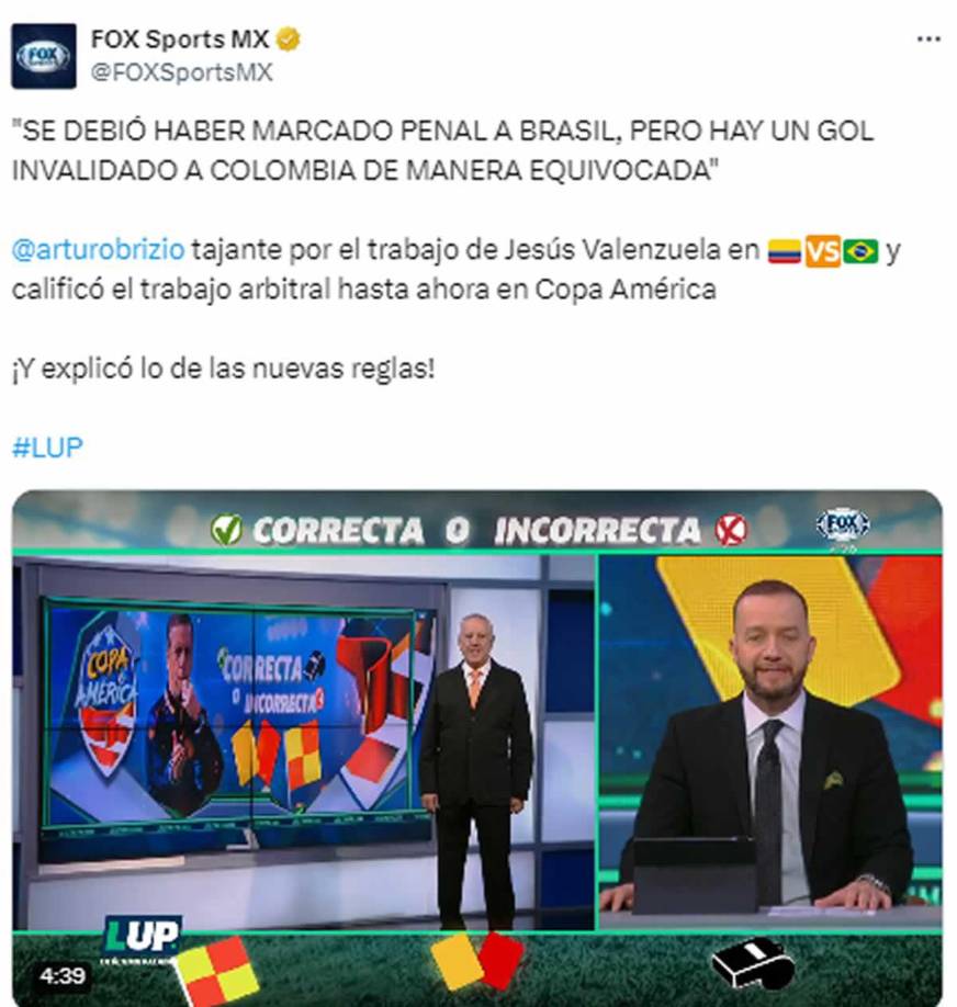 “Se debó haber marcado penal para Brasil, pero hay un gol invalidado a Colombia de manera equivocada”, dice un analista en Fox Sports.