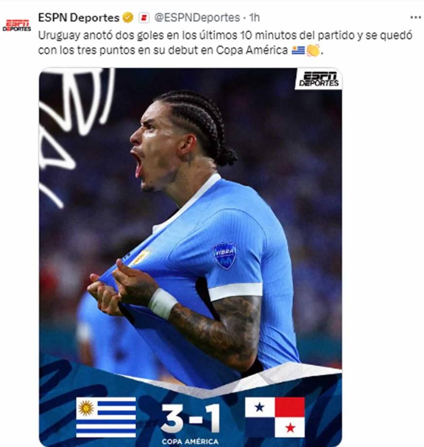 ESPN - “Uruguay anotó dos goles en los últimos 10 minutos del partido y se quedó con los tres puntos en su debut en Copa América”.
