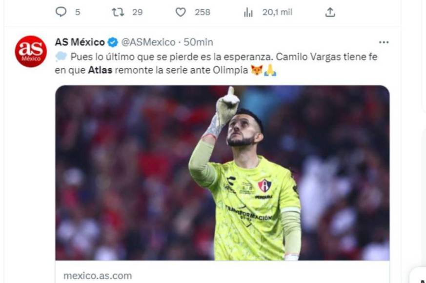 El portero colombiano Camilo Vargas del Atlas no pierde las esperanzas de remontar el 4-1 de la ida sufrida en San Pedro Sula.