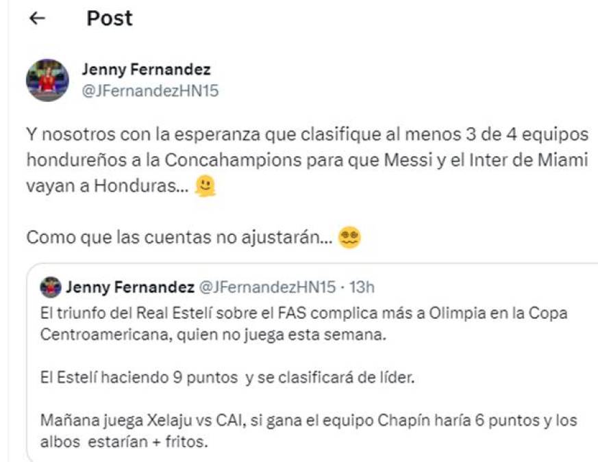 La periodista hondureña Jenny Fernández dejó este mensaje sobre Messi y el Inter Miami. 