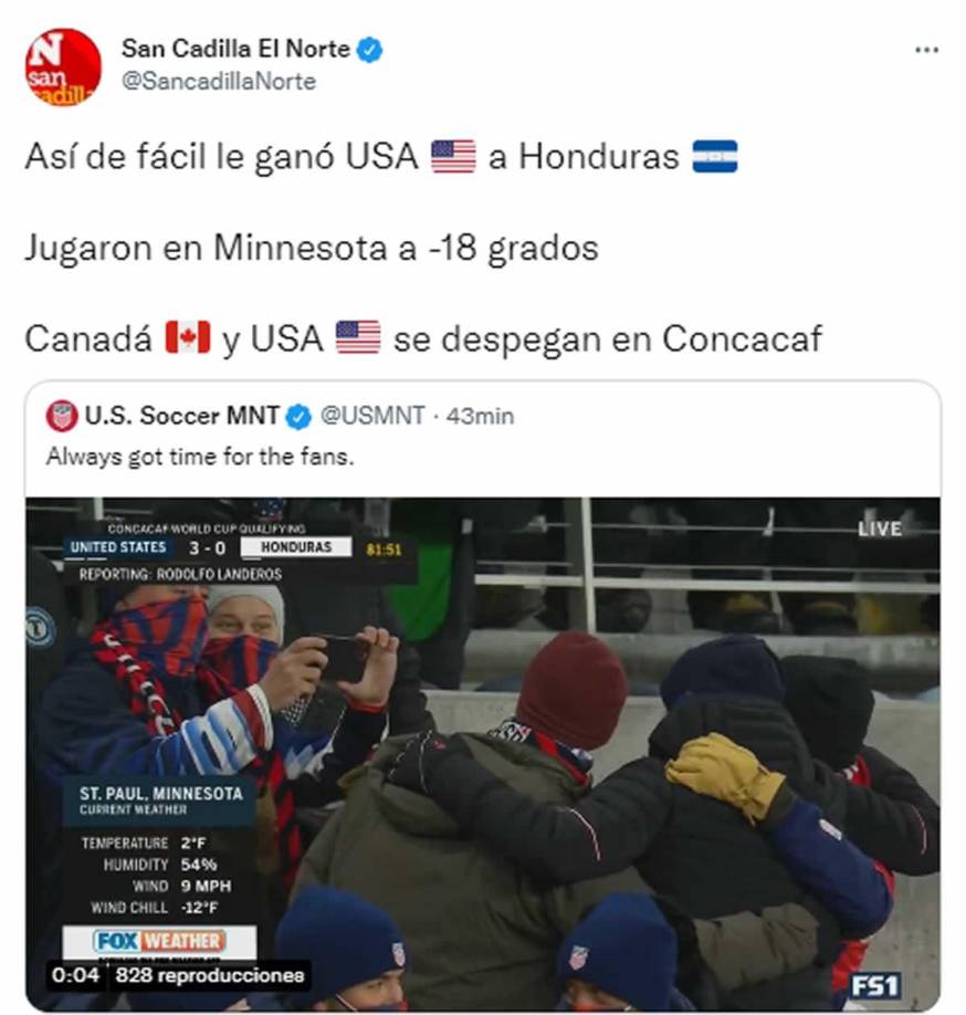 San Cadilla El Norte de México - “Así de fácil le ganó USA a Honduras”, dicen en referencia a que el entrenador de Estados Unidos, Gregg Berhalter, se tomaba fotos con los aficionados mientras se jugana el partido. “Jugaron en Minnesota a -18 grados”.