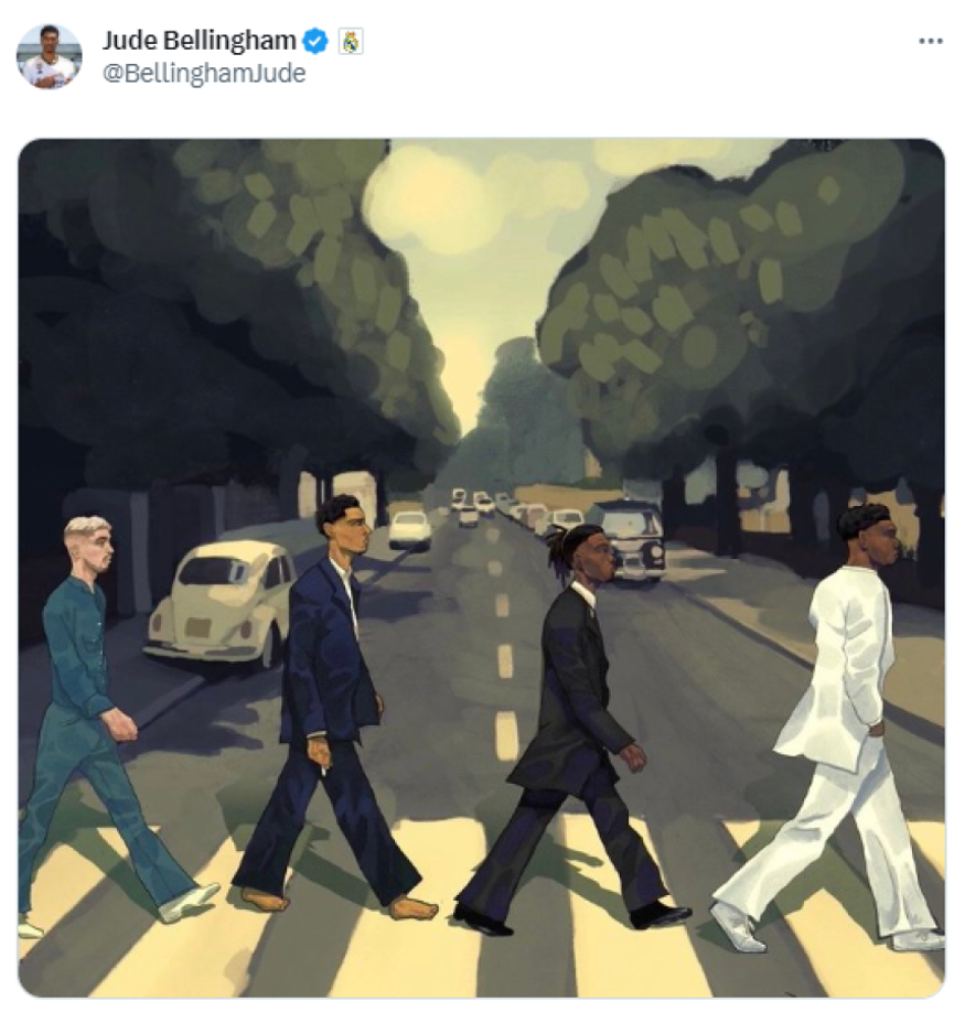 Asimismo, Bellingham compartió esta imagen haciendo alusión al disco de The Beatles (Abbey Road). En la foto aparecen Valverde, Jude, Camavinga y Tchouaméni.