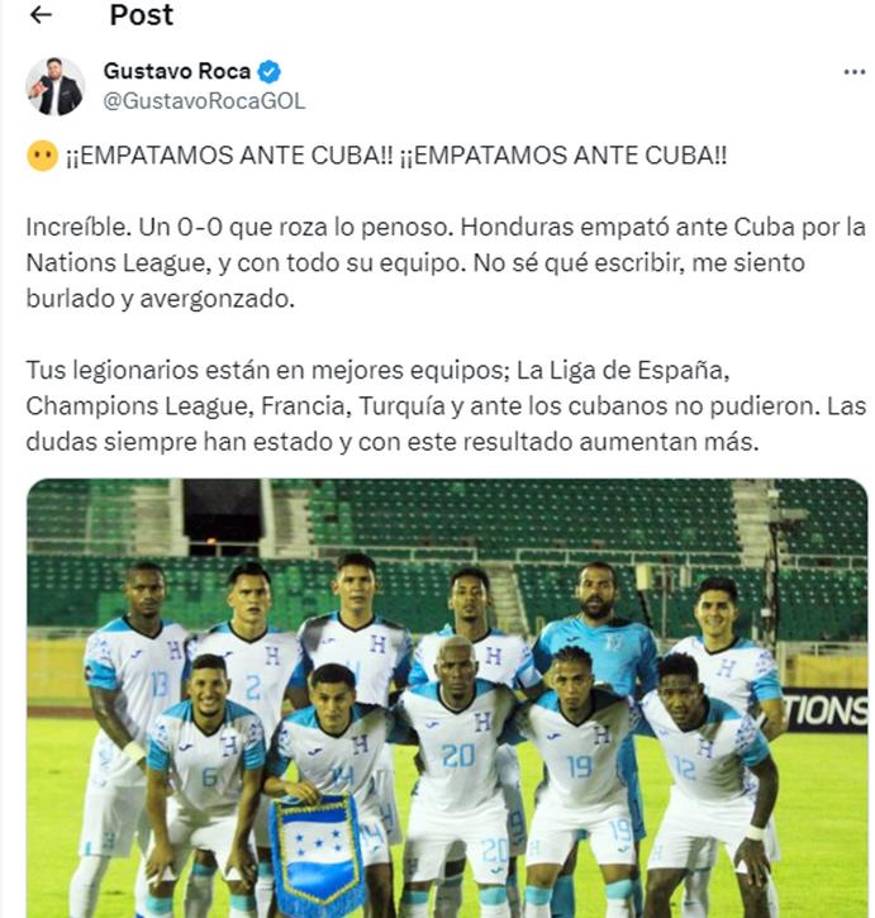 Gustavo Roca atizó contra la H: “Empatamos ante Cuba, increíble. “Un 0-0 que roza lo penoso. No sé que escribir, me siento burlado y avergonzado”, fueron algunas de sus palabras. 